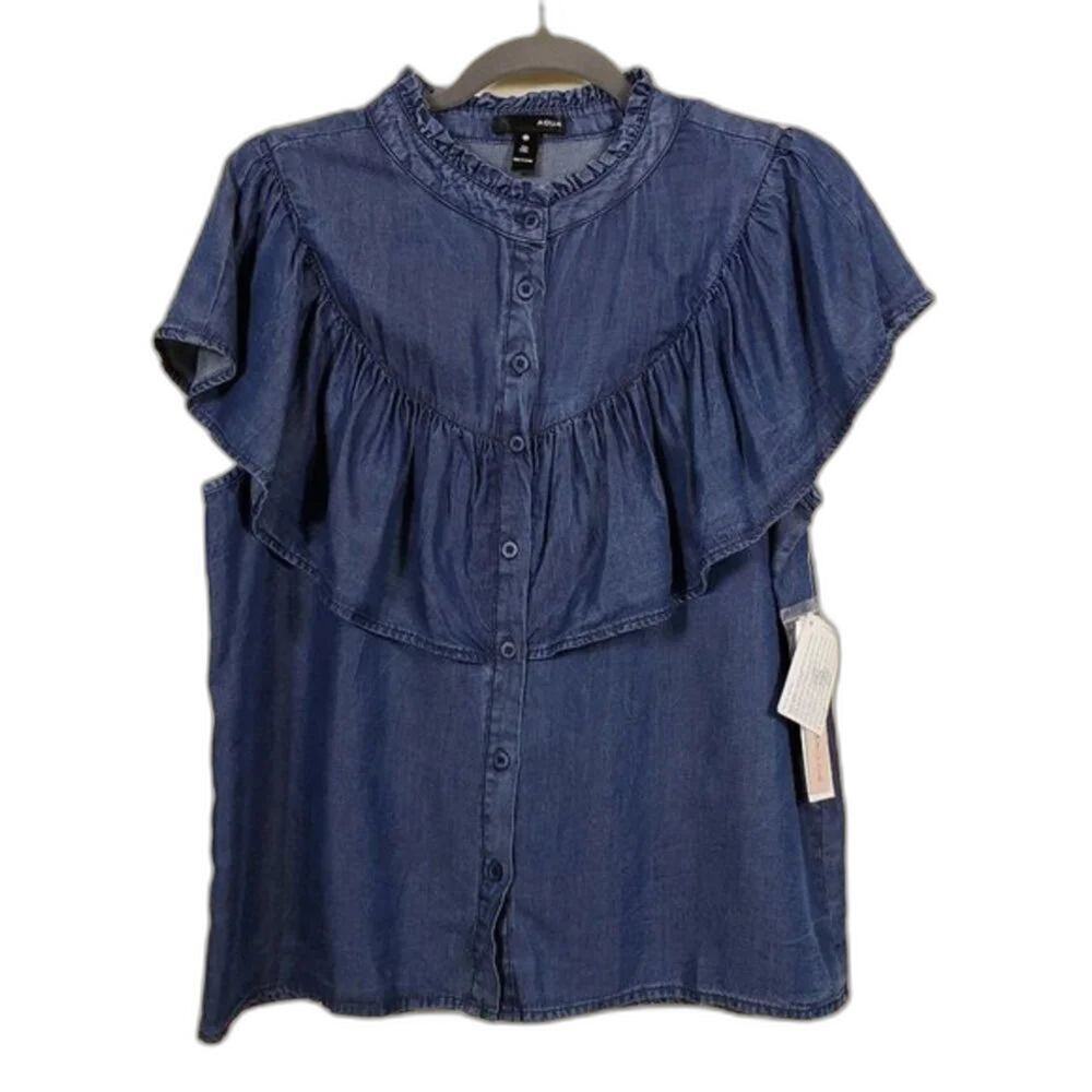 Aqua Denim Button Down Ruffle Blouse Women Size M Indigo Blue Tencel